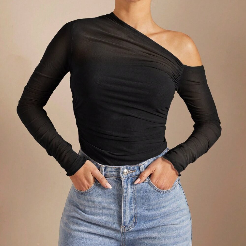 Black Casual Women's Asymmetric Neckline Ruched Sheer Mesh Tight T-Shirt